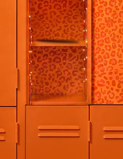 orange lockers with Cheetah Print wrapping paper